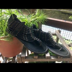 Black Wooden beaded thong sandal